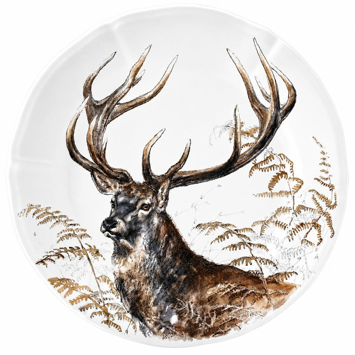 Gien Sologne white porcelain dessert plate featuring a detailed, rustic stag and fern illustration.