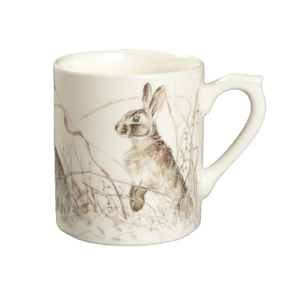 Sologne 10 oz cream china mug featuring a detailed hare illustration with woodland botanical accents.
