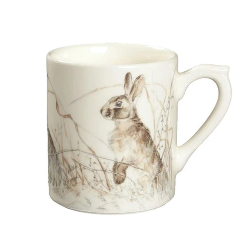 Sologne 10 oz cream china mug featuring a detailed hare illustration with woodland botanical accents.