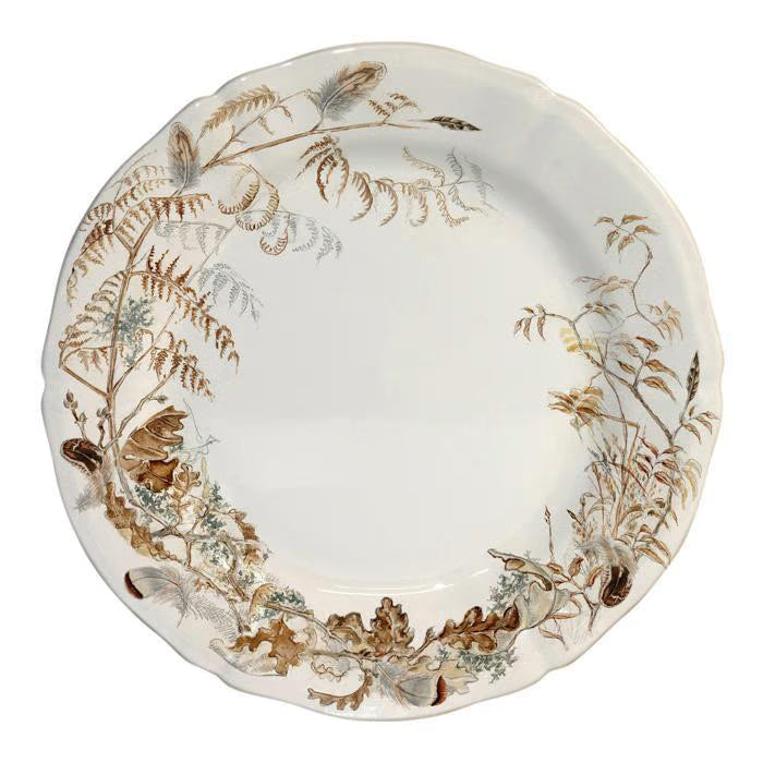 Sologne 10-3/4 inch china dinner plate featuring an autumn wild game pattern with delicate ferns, feathers, and acorns.