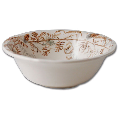 XL white china cereal bowl featuring a delicate brown and green fern leaf pattern inspired by French woodland wildlife.