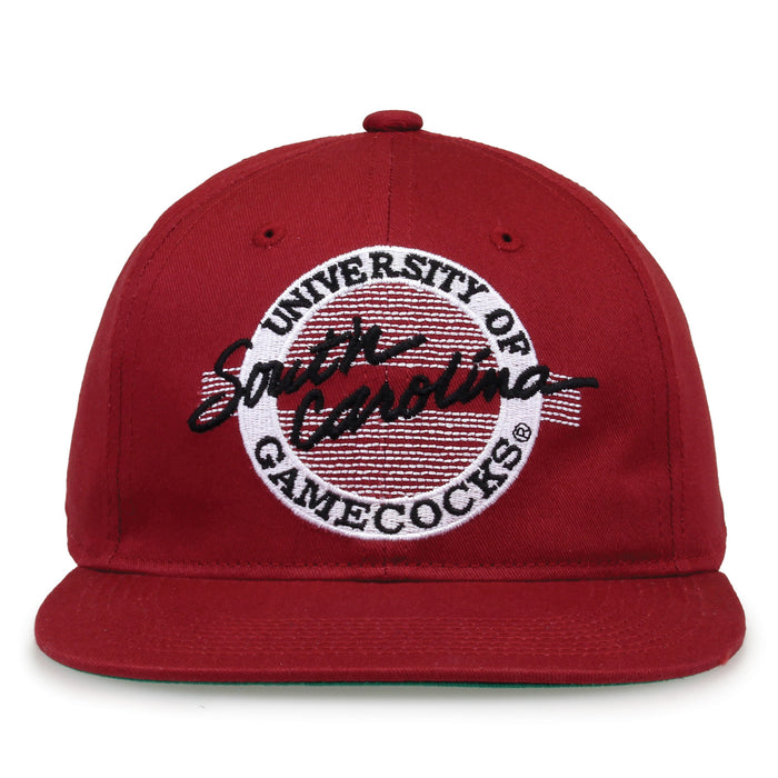 South Carolina Retro Circle snapback hat in red, front view