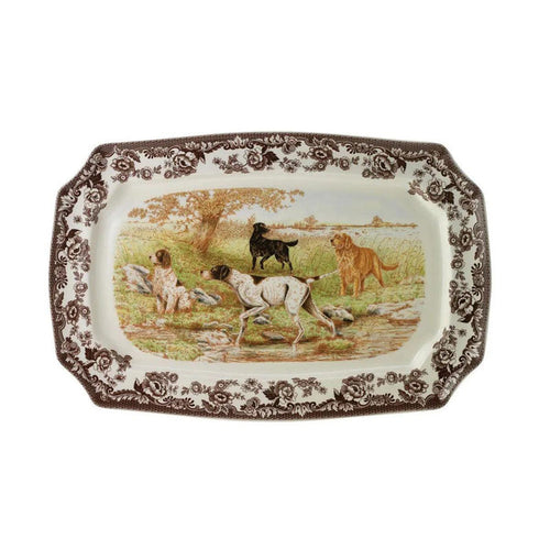 Spode Woodland rectangular platter featuring four hunting dogs in a brown floral border, 17.5 by 11.5 inches.