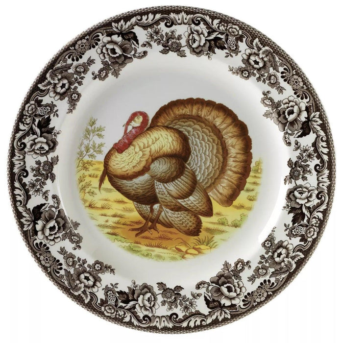 Spode Woodland 8-inch earthenware salad plate featuring a turkey illustration and historic brown floral border.