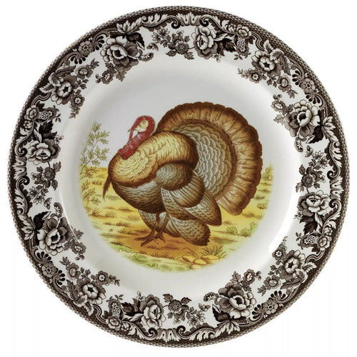 Spode Woodland 8-inch earthenware salad plate featuring a turkey illustration and historic brown floral border.