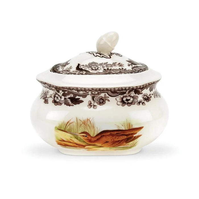 Spode Woodland earthenware covered sugar bowl featuring a brown bird motif and classic British Flowers floral border.
