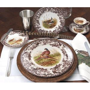 Spode Woodland porcelain 5-piece place setting featuring brown floral borders and detailed gamebird illustrations.