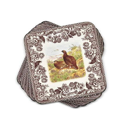 Set of six square Spode Woodland hardboard coasters featuring detailed gamebird illustrations and brown floral borders.