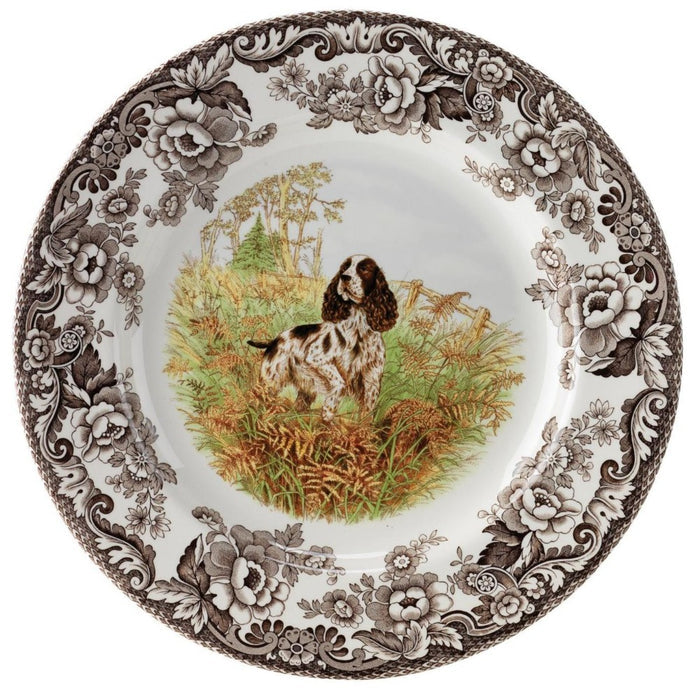 Spode Woodland 10.5-inch china dinner plate featuring an English Springer Spaniel in a floral brown transferware border.