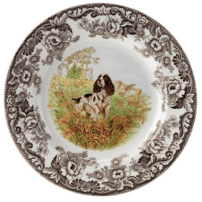 Spode Woodland 10.5-inch china dinner plate featuring an English Springer Spaniel in a floral brown transferware border.