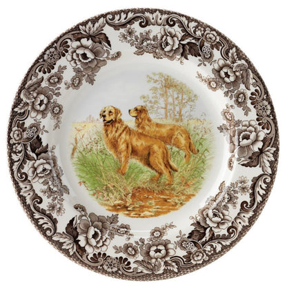 Spode Woodland 10.5-inch dinner plate featuring two Golden Retrievers in a meadow with a brown floral border.