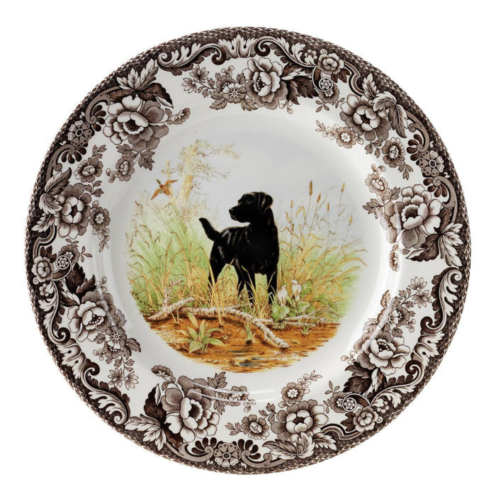 Spode Woodland 10.5-inch china dinner plate featuring a Black Labrador in a field with a brown floral border.