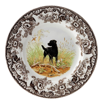 Spode Woodland 10.5-inch china dinner plate featuring a Black Labrador in a field with a brown floral border.