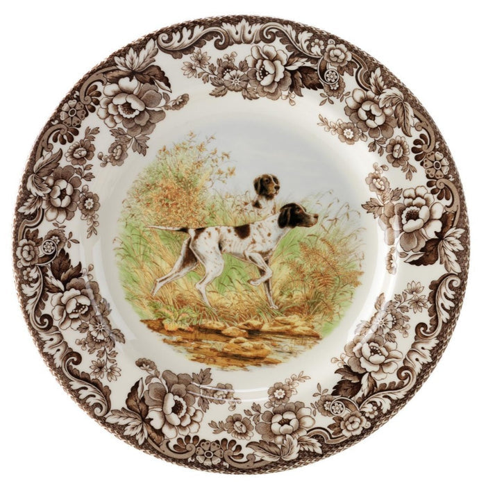 Spode Woodland 10.5-inch china dinner plate featuring a Pointer dog in a field with a brown floral border.