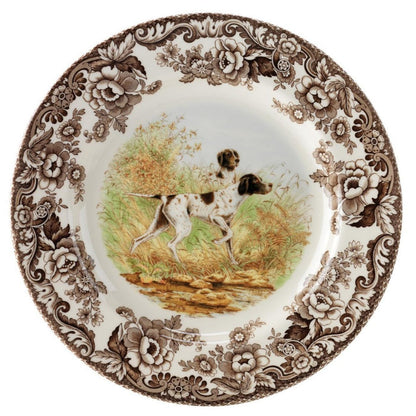Spode Woodland 10.5-inch china dinner plate featuring a Pointer dog in a field with a brown floral border.