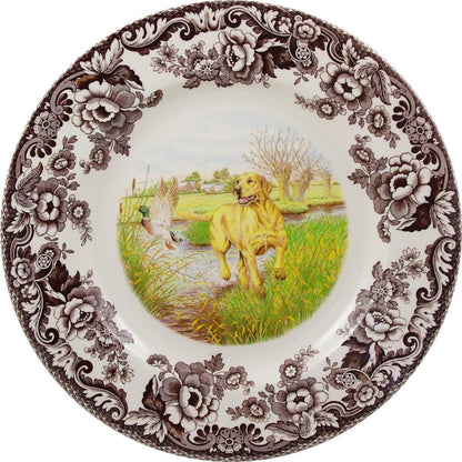 Spode Woodland 10.5-inch dinner plate featuring a Yellow Lab in a field with a brown floral border on cream china.