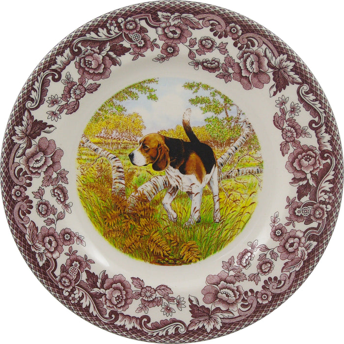 Spode Woodland 10.5-inch dinner plate featuring a Beagle in a forest scene with a brown floral border.