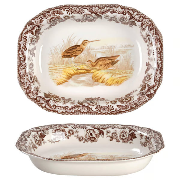 Spode Woodland 9.5-inch porcelain vegetable dish featuring a brown snipe bird illustration and classic floral border.