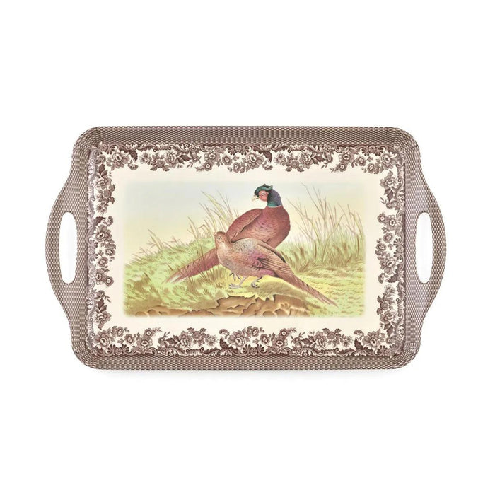 Spode Woodland melamine serving tray featuring two pheasants and floral borders, 19.25-inch rectangular design with handles.