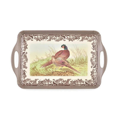 Spode Woodland melamine serving tray featuring two pheasants and floral borders, 19.25-inch rectangular design with handles.