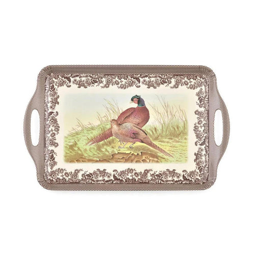 Spode Woodland melamine serving tray featuring two pheasants and floral borders, 19.25-inch rectangular design with handles.