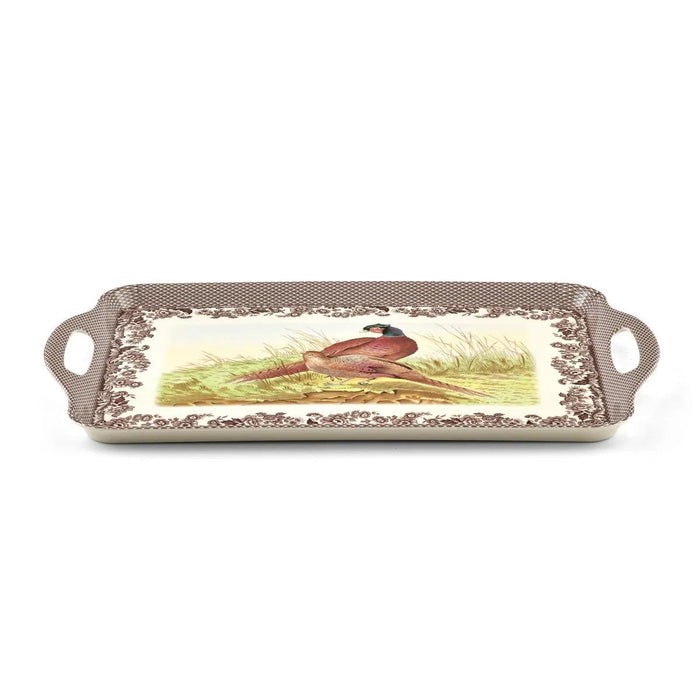 Spode Woodland melamine handled tray featuring a pheasant scene and brown floral border, 19.25 x 14 inches.