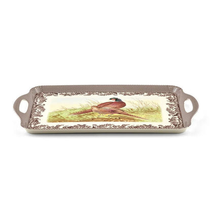 Spode Woodland melamine handled tray featuring a pheasant scene and brown floral border, 19.25 x 14 inches.