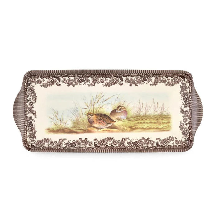 Spode Woodland melamine sandwich tray featuring quail artwork and a brown floral border, 14 by 6.25 inches.