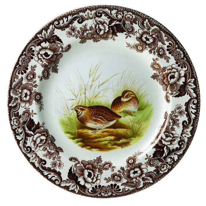 Spode Woodland 8-inch salad plate featuring a quail motif with a brown archival floral border on white ceramic.