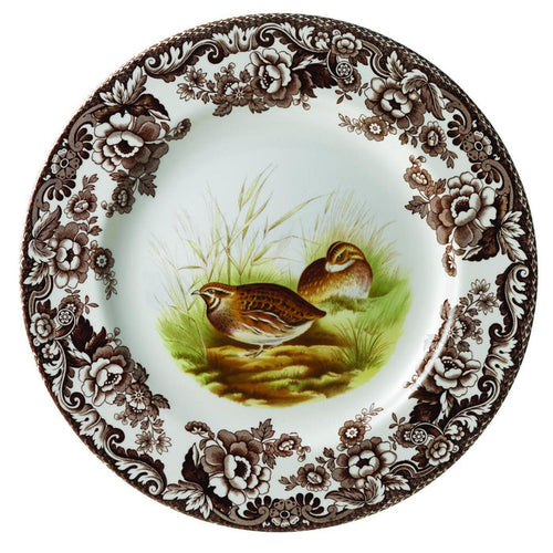 Spode Woodland 8-inch salad plate featuring a quail motif with a brown archival floral border on white ceramic.
