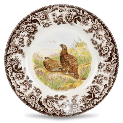 Spode Woodland 8-inch salad plate featuring a Red Grouse motif with a brown floral border on white ceramic.