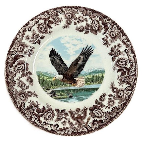 Spode Woodland 8-inch salad plate featuring an eagle in flight with a brown floral archival border on white ceramic.