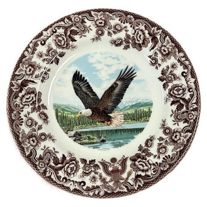 Spode Woodland 8-inch salad plate featuring an eagle in flight with a brown floral archival border on white ceramic.