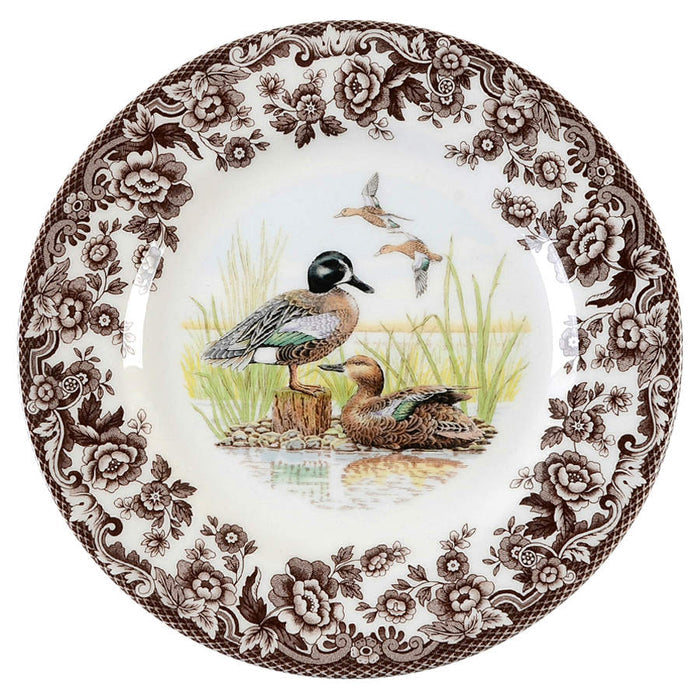 Spode Woodland 8-inch salad plate featuring a detailed wood duck motif and a classic brown floral archival border.