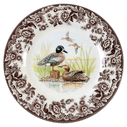 Spode Woodland 8-inch salad plate featuring a detailed wood duck motif and a classic brown floral archival border.
