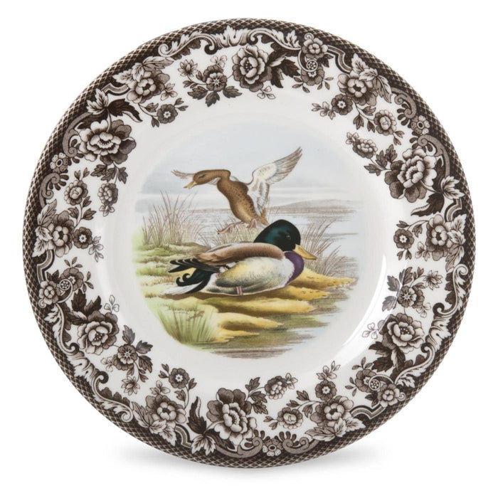 Spode Woodland 8-inch salad plate featuring a mallard duck motif and a classic brown floral archival border.