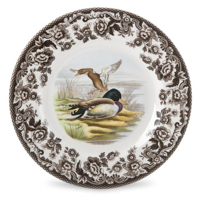 Spode Woodland 8-inch salad plate featuring a mallard duck motif and a classic brown floral archival border.