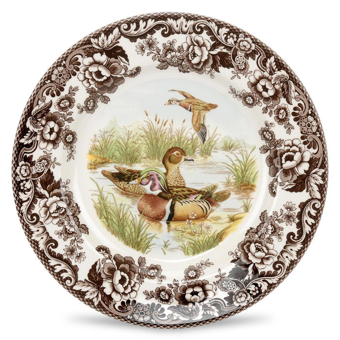 Spode Woodland 8-inch salad plate featuring a colorful wood duck motif and a classic brown floral archival border.