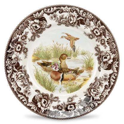 Spode Woodland 8-inch salad plate featuring a colorful wood duck motif and a classic brown floral archival border.