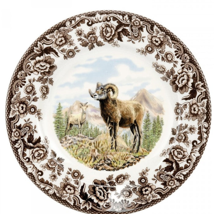 Spode Woodland 8-inch salad plate featuring a Bighorn Sheep motif with a brown archival floral border on white ceramic.