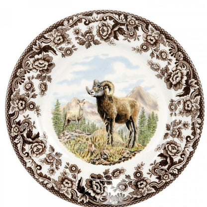 Spode Woodland 8-inch salad plate featuring a Bighorn Sheep motif with a brown archival floral border on white ceramic.
