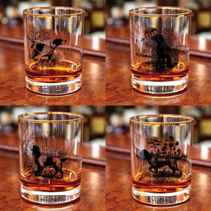 Set of four 14 oz double old-fashioned glasses featuring Richard E. Bishop sporting dog illustrations and gold rims.