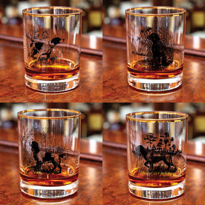 Set of four 14 oz double old-fashioned glasses featuring Richard E. Bishop sporting dog illustrations and gold rims.