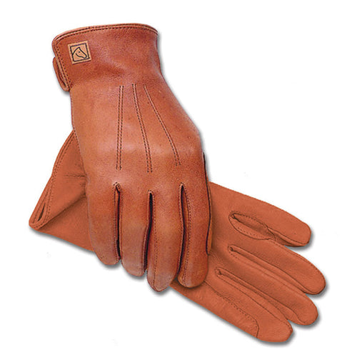 Tan deerskin SSG 2300 shooter and handler's gloves with reinforced stitching and a small horse logo on the wrist.