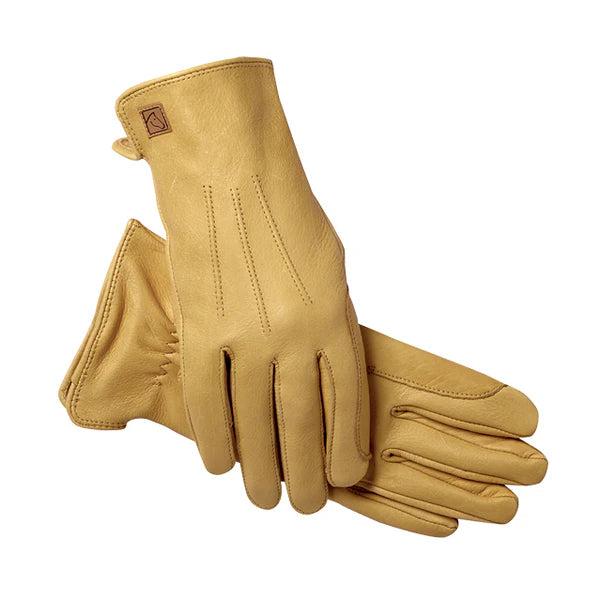 Tan deerskin SSG 2300 shooter gloves with reinforced stitching and a small embossed logo on a white background.