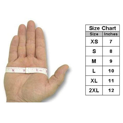 Hand measuring palm circumference with a tape measure next to a glove size chart ranging from XS to 2XL.