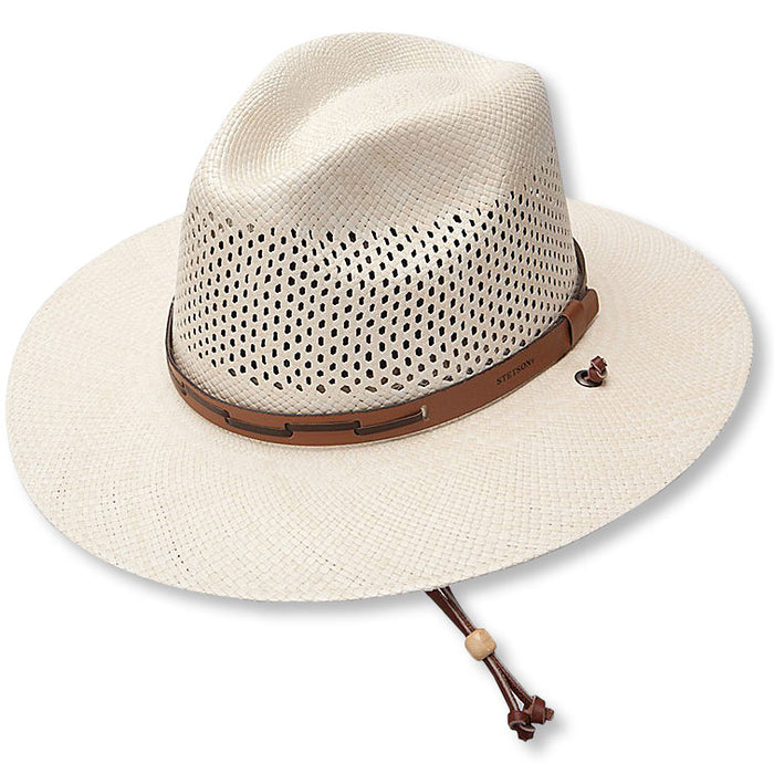 Stetson Airway vented shantung straw hat with a pinch crease crown, brown leather band, and adjustable chin cord.