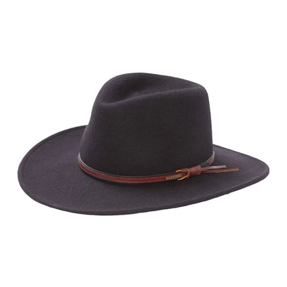 Dark brown Stetson Bozeman wool hat with a wide brim and decorative brown leather hatband.