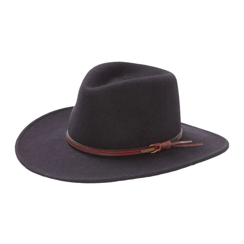 Dark brown Stetson Bozeman wool hat with a wide brim and decorative brown leather hatband.
