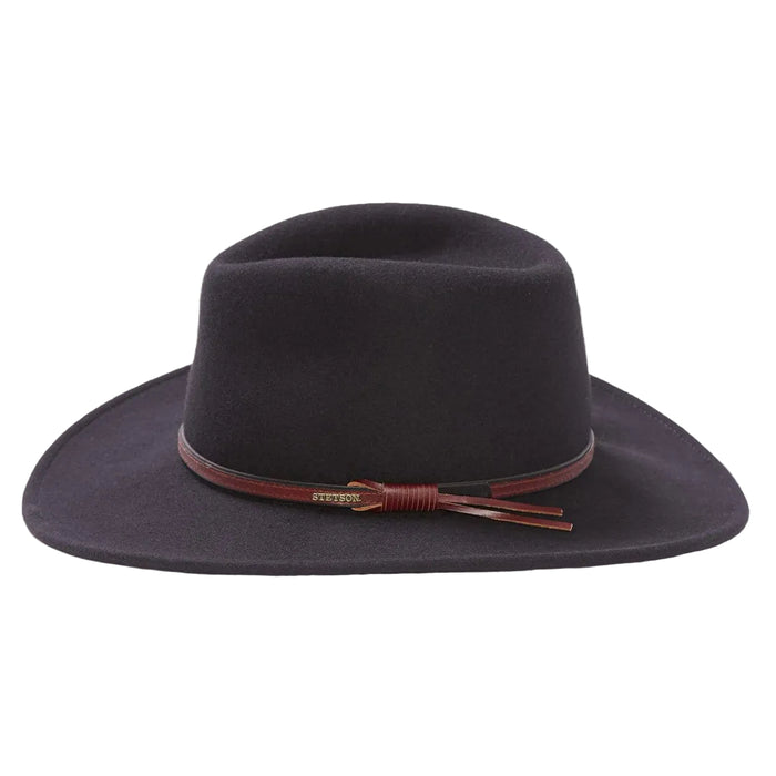 Stetson Bozeman black wool felt hat with a wide brim and brown leather hatband featuring a metallic logo detail.